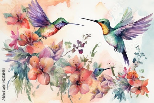 Watercolor hummingbirds birds. Generate Ai