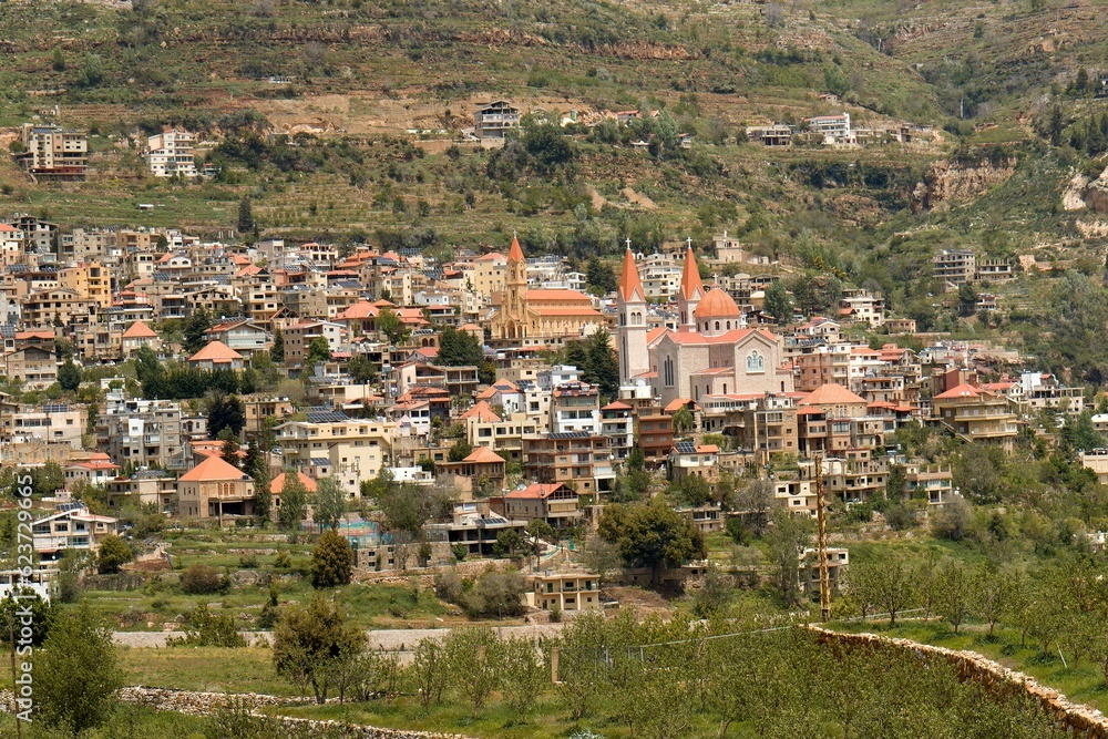 View of Bsharri town in Kadisha Valley. Lebanon.