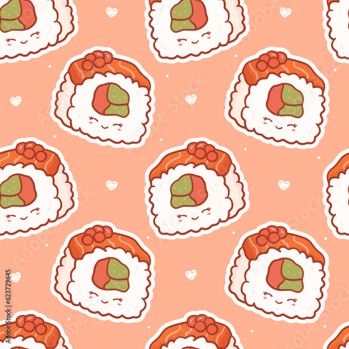 Seamless pattern with kawaii sushi roll. Cute anime print for phone case, backgrounds, fashion, wrapping paper and textile. Vector