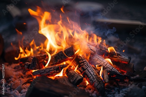 Close-up of a campfire, focus on glowing embers