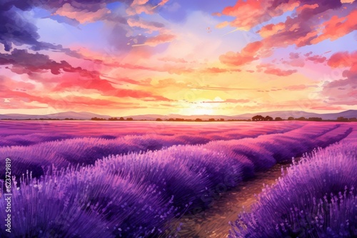 Watercolor lavender field. Generate Ai © nsit0108