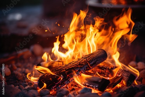 Close-up of a campfire, focus on glowing embers