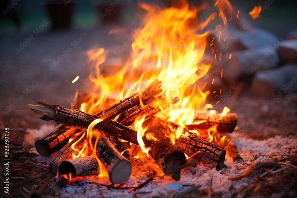 Close-up of a campfire, focus on glowing embers Close-up of a campfire, focus on glowing embers