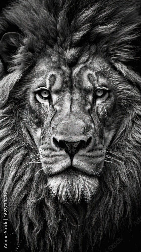 Roaring Majesty: Black and White Lion on Dark Background. Generative AI