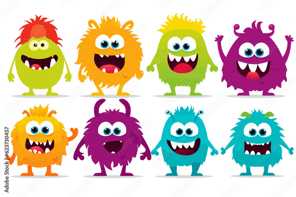 funny and cute colorful monsters standing side by side, vector set illustration funny and cute colorful monsters standing side by side, vector set illustration
