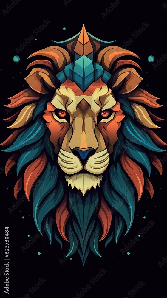 Illustrated Lion on Dark Background. Generative AI