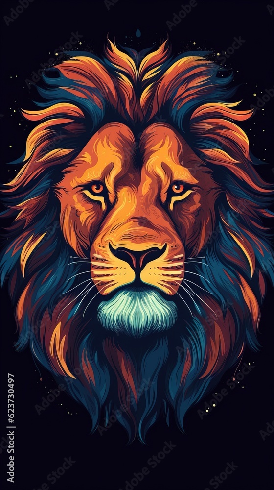 Illustrated Lion on Dark Background. Generative AI