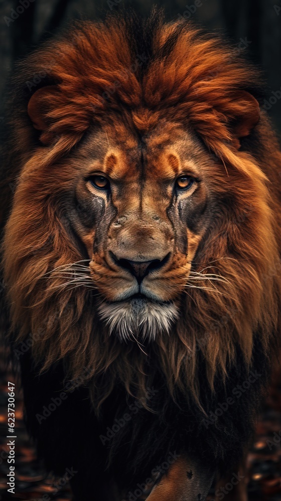 Realistic Lion on Dark Background. Generative AI