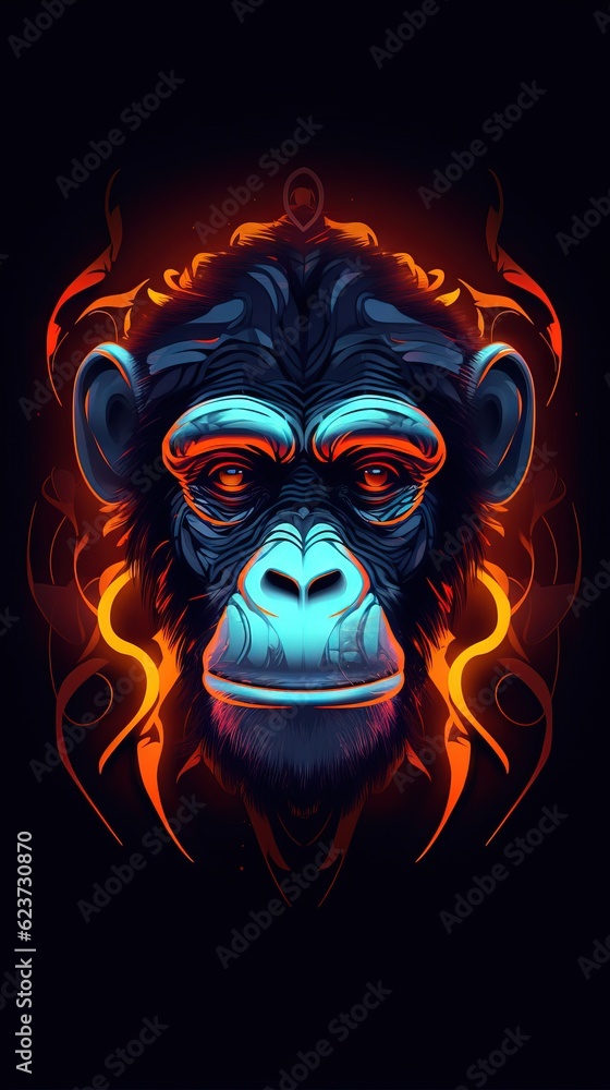 Neon Monkey on Dark Background. Generative AI