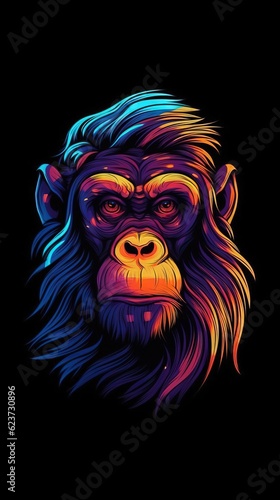 Neon Monkey on Dark Background. Generative AI