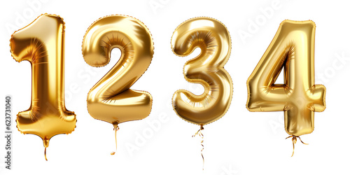 gold helium balloon in the shape of the number 1, 2,3 and 4, isolated on transparent background - Birthday, wedding, party or celebration concept