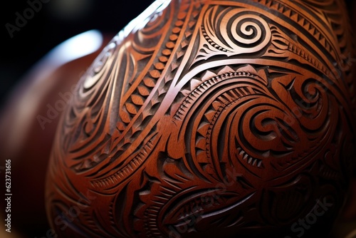 Close-up of intricate Maori tattoo patterns on a gourd