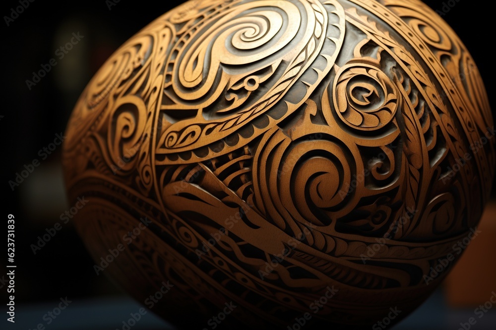 Close-up of intricate Maori tattoo patterns on a gourd Close-up of intricate Maori tattoo patterns on a gourd
