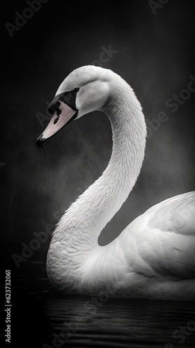 Black and White Swan on Dark Background in Full Focus. Generative AI