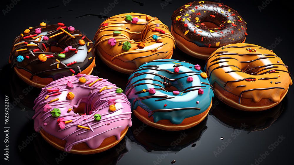 colorful chocolate donuts in the glaze on dark background