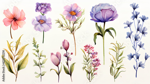 watercolor flowers set on light background
