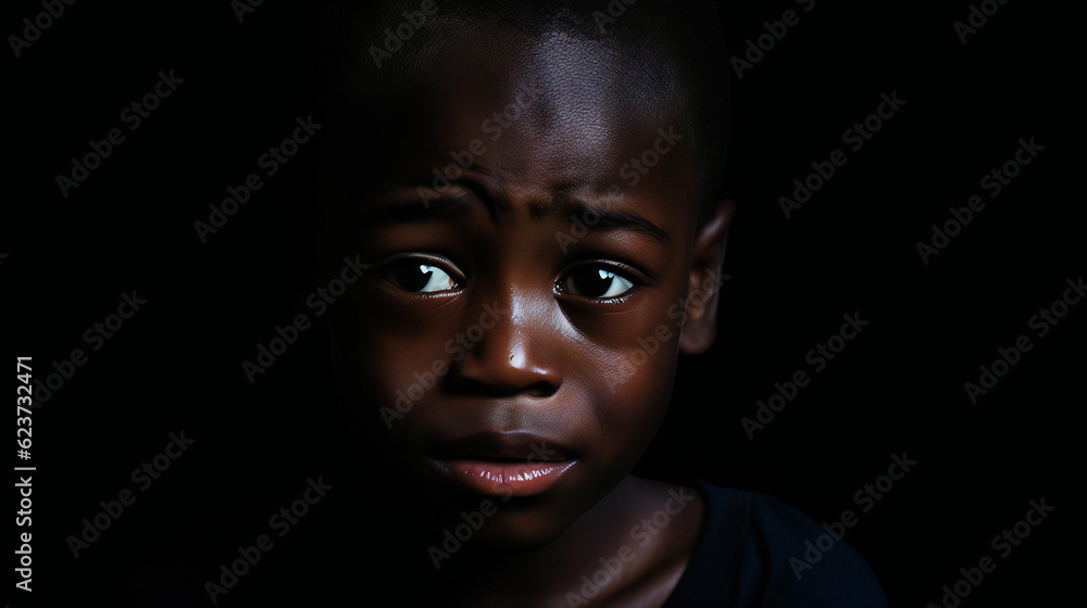  Little African Black Boy Crying Sadly. Black background and empty copy space on the side. Generative AI.