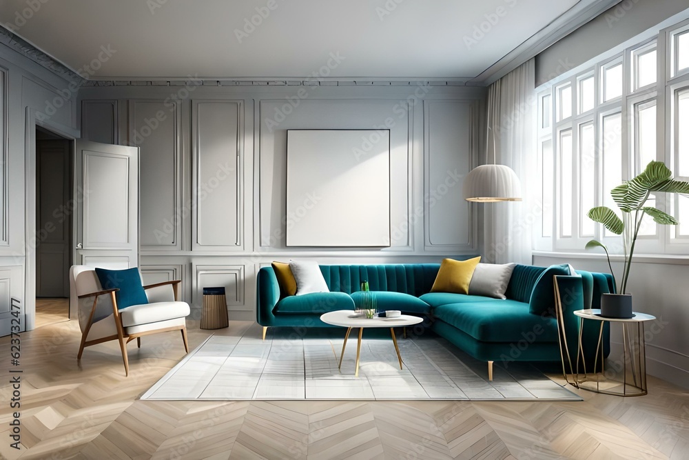Modern interior of Scandinavian style. 3D rendering. blank poster mock up Modern interior of Scandinavian style. 3D rendering. blank poster mock up