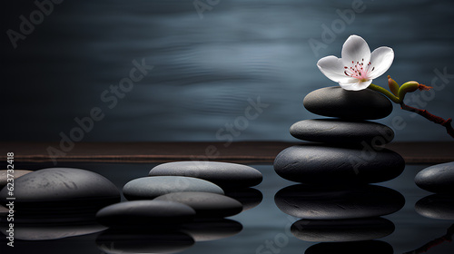 beautiful zen stones and flowers on grey background