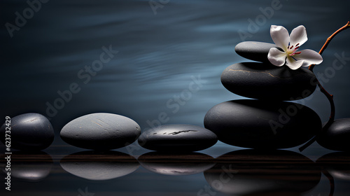 stones with sakura flower on a black background. zen concept.