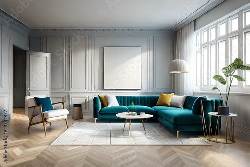 Modern interior of Scandinavian style. 3D rendering. blank poster mock up