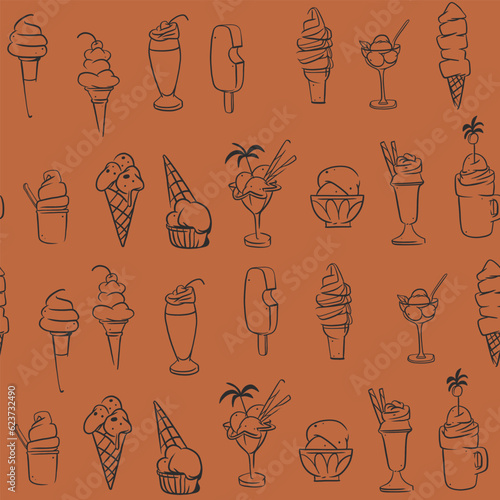 Hand drawn vector abstract graphic ice cream cone ,sundae line art illustrations seamless pattern.Ice cream dessert vector illustration design concept art. Sweet dessert cute doodle summer pattern.