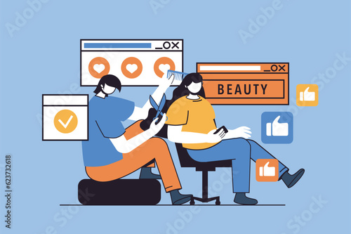 Beauty salon concept with people scene in flat design for web. Hairdresser with comb and scissor makes haircut or procedure for client. Vector illustration for social media banner, marketing material.