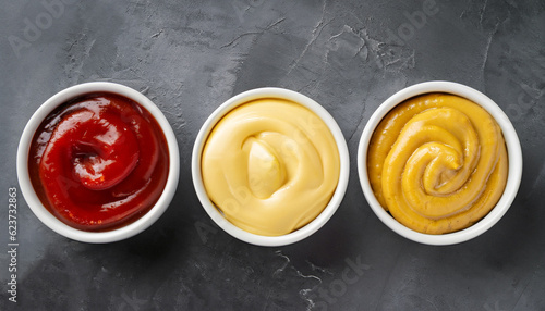 Foto Set of three sauces - mayonnaise, mustard and ketchup in white ceramic bowls on black stone or concrete background