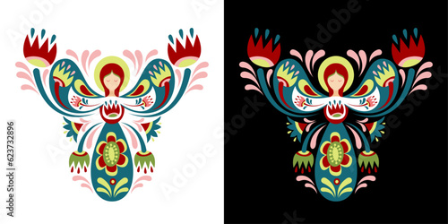 Vector color image with an angel with floral ornament based on Ukrainian embroidery on a white and black background.