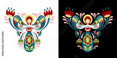 Vector color image with an angel with floral ornament based on Ukrainian embroidery on a white and black background.