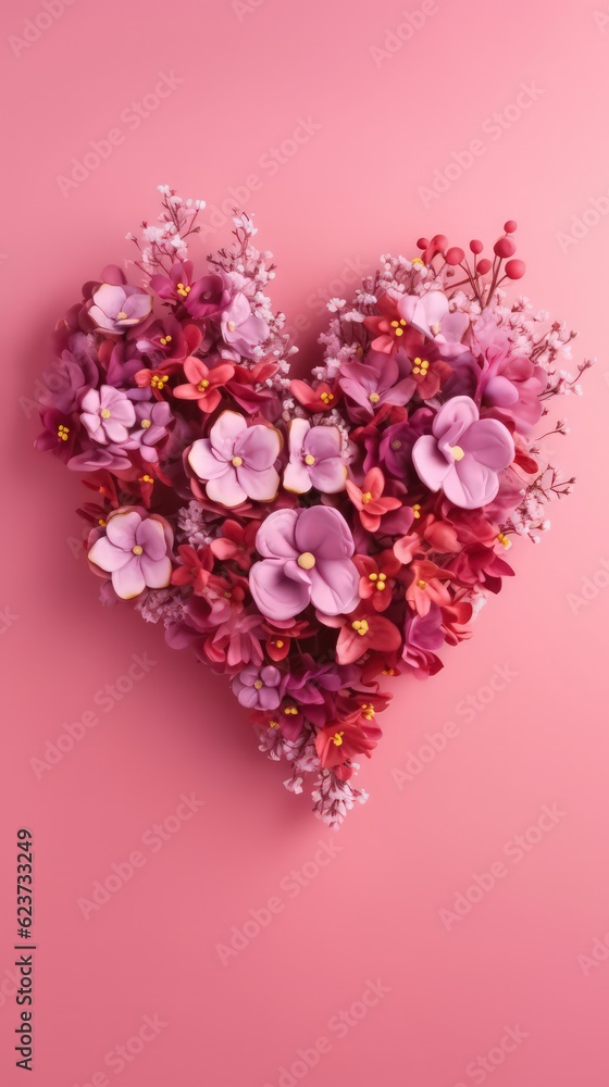Romantic Red Flowers in Heart Shape on Pink Background AI Generated