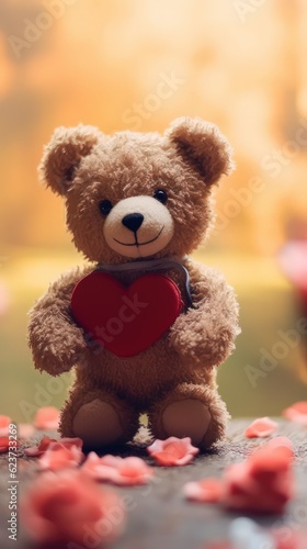 Adorable Teddy Bear in Love Holding a Bouquet on Heart-Shaped Background AI Generated