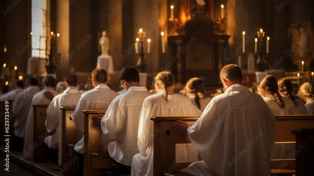 Devotees dressed in white praying inside a church