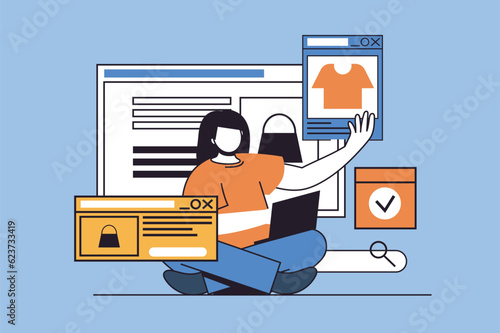 Online shopping concept with people scene in flat design for web. Woman ordering goods at website and paying online using laptop. Vector illustration for social media banner, marketing material.