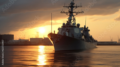 Military vessel in the harbor at sunset