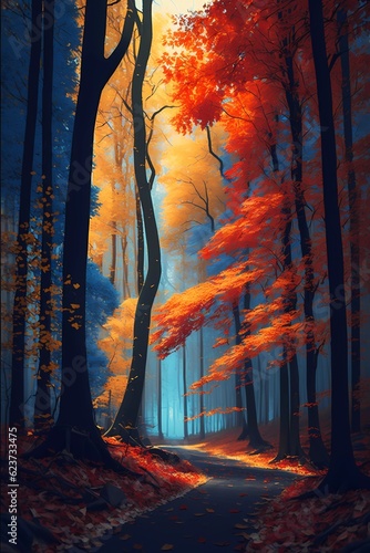 Peaceful autumn forest with colorful foliage