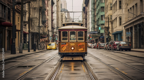 Vintage tram running through a street in a European city