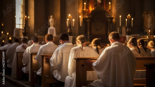 Devotees dressed in white praying inside a church