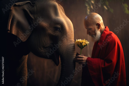 Buddhist Monk with an Elephant love and kindness of Buddhism photo