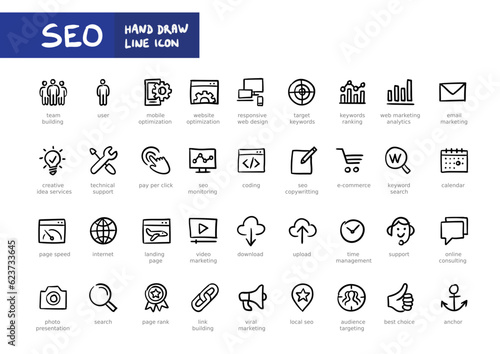 Search Engine Optimization (SEO) hand writting line web icon set. Outline icons collection. Simple vector illustration. SEO, marketing, optimization.