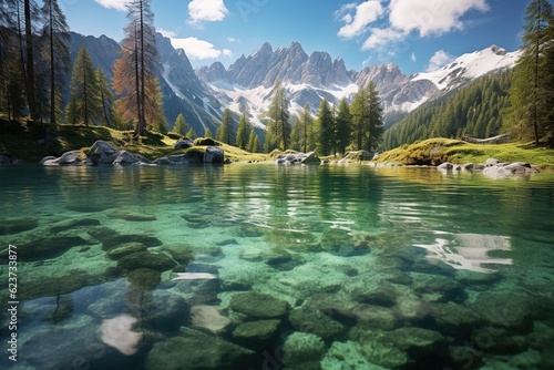 Crystal clear reflections of mountains on a tranquil alpine lake