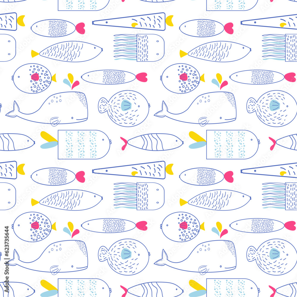 Seamless cartoon pattern. Cute fish.