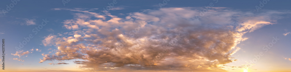 seamless sunset cloudy blue skydome hdri panorama 360 degrees angle view with zenith and beautiful clouds for use in 3d graphics as sky or edit drone shot