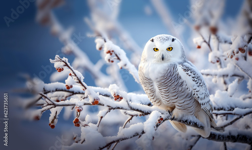 White winter owl perched on a tree branch in a winter snow landscape, beautiful wildlife winter wonderland with copy space snow bird
