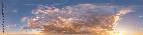 seamless sunset cloudy blue skydome hdri panorama 360 degrees angle view with zenith and beautiful clouds for use in 3d graphics as sky or edit drone shot