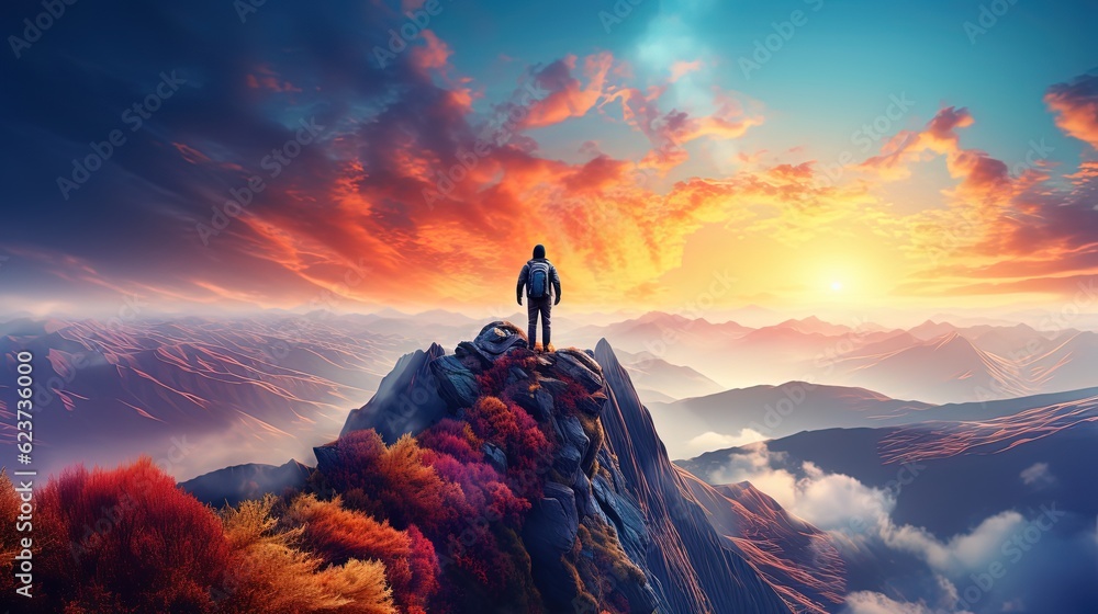 illustration of successful theme concept,a hiker on the mountain peak with gradient sunset twilight sky beautiful scenery, Generative Ai
