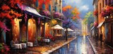 painting style illustration, beautiful restaurant un urban street side in after raining atmosphere, Generative Ai