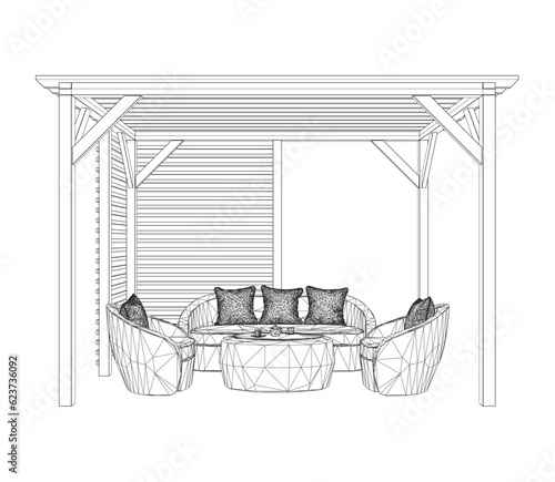 Gazebo wireframe garden modern graphic black white architect landscape sketch illustration vector. Gazebo garden modern graphic contour architect landscape sketch illustration vector. 3D.
