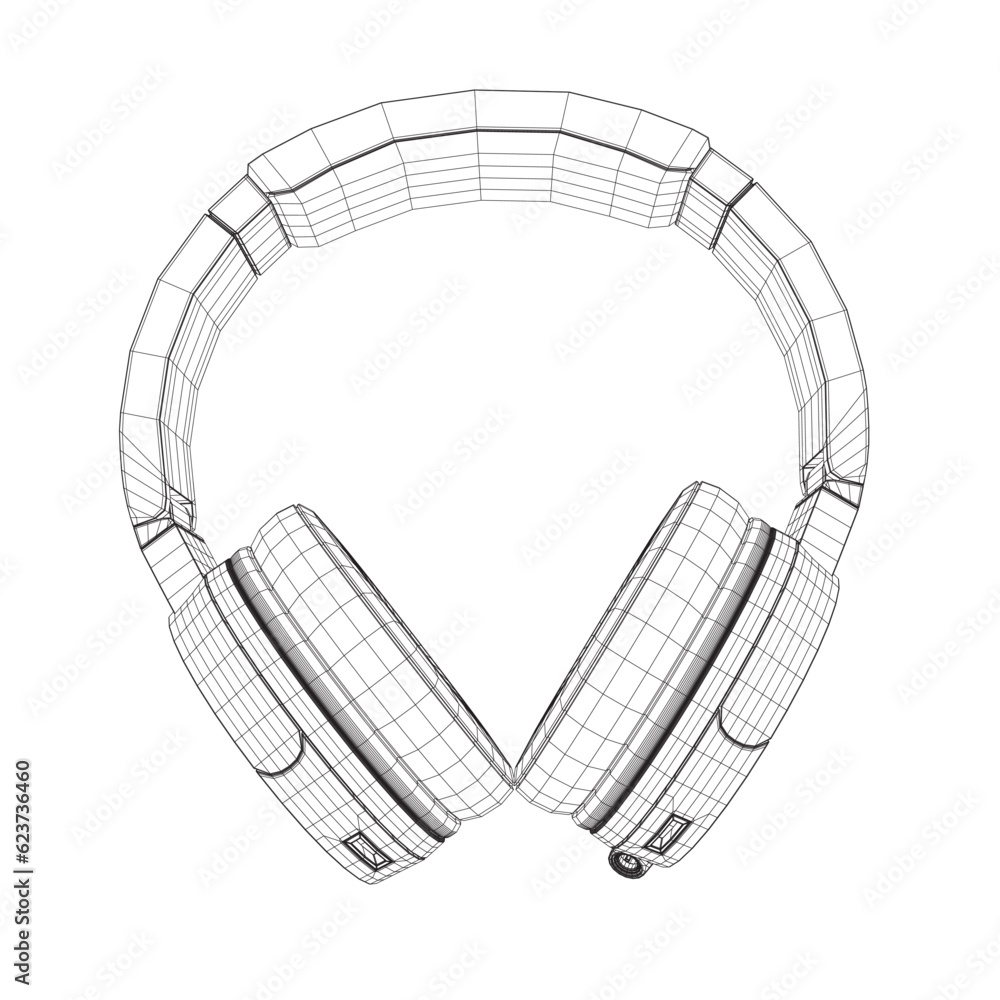 Vector illustration of a black and white wireframe headphones on a white background. Drawn with lines vector isolated of wireless wifi headphones with speaker for listening music and talking. Vector illustration of a black and white wireframe headphones on a white background. Drawn with lines vector isolated of wireless wifi headphones with speaker for listening music and talking.