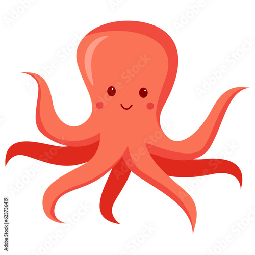 Smiling octopus.Sea creatures .Sea life.Cute octopus cartoon.Aquatic fauna. Animal illustration for zoo ad.Children book illustrating.Sea mollusk.Isolated on white background.Vector flat illustration.